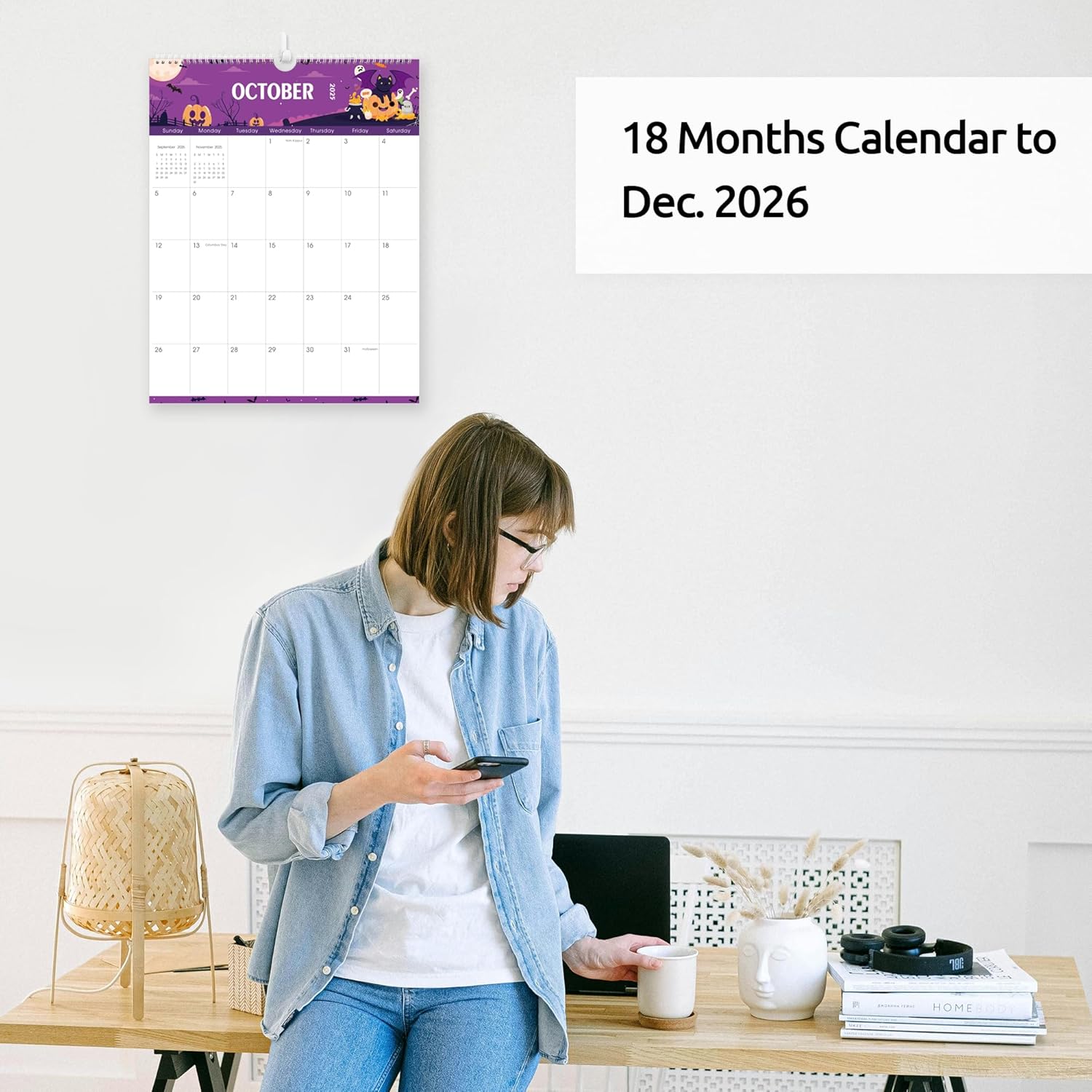 SKYDUE Wall Calendar 2026-2027, Jan 2026 to Jun 2027 18 Months 2026 Wall Calendar with Planner Stickers, 14.5" x 11.5", Black