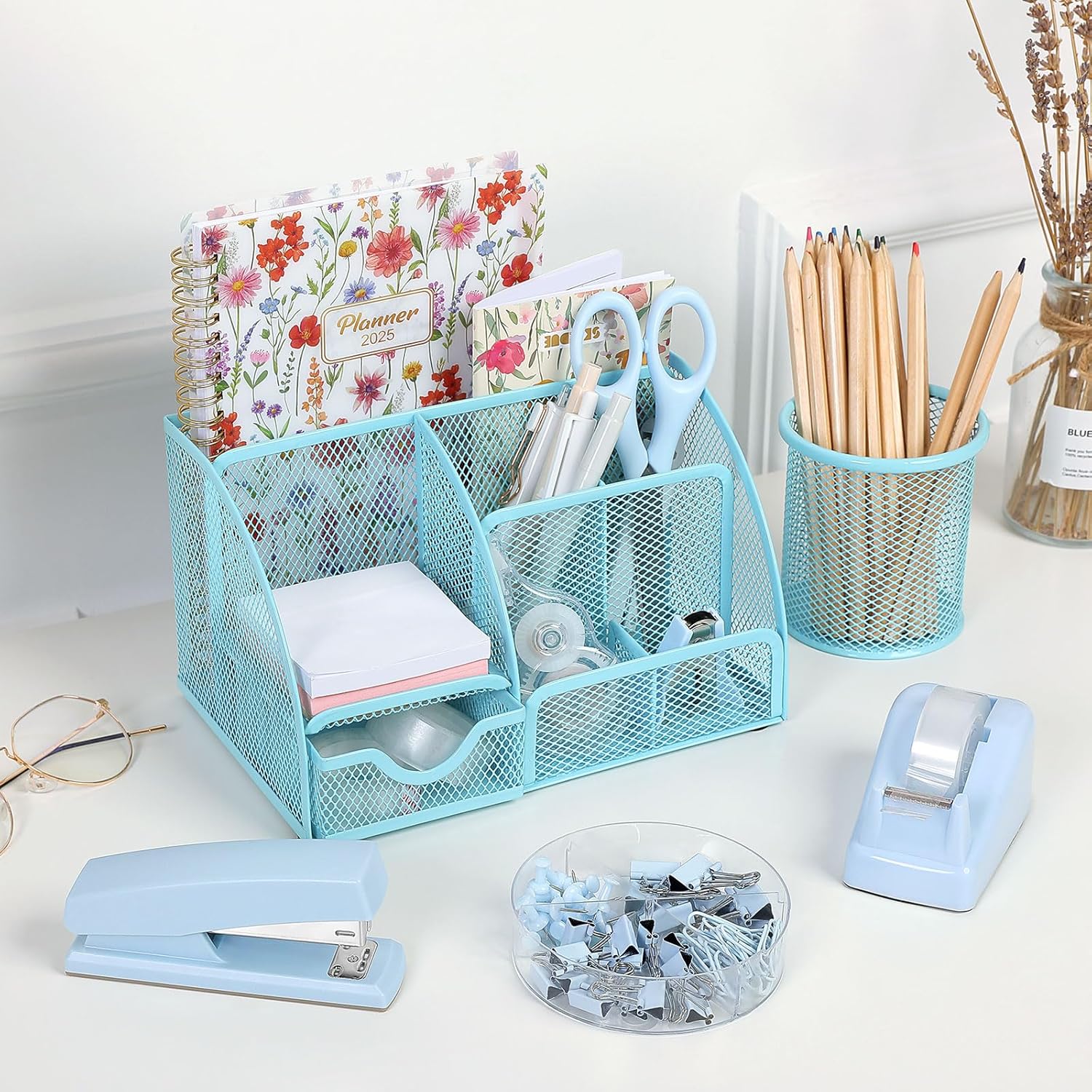 SKYDUE Pink Desk Accessories, Pink Office Supplies Set, Mesh Desk Organizer, Stapler, Tape Dispenser, Scissors, Binder/Paper Clips and 1000pcs Staples,Desk Organizer for Women