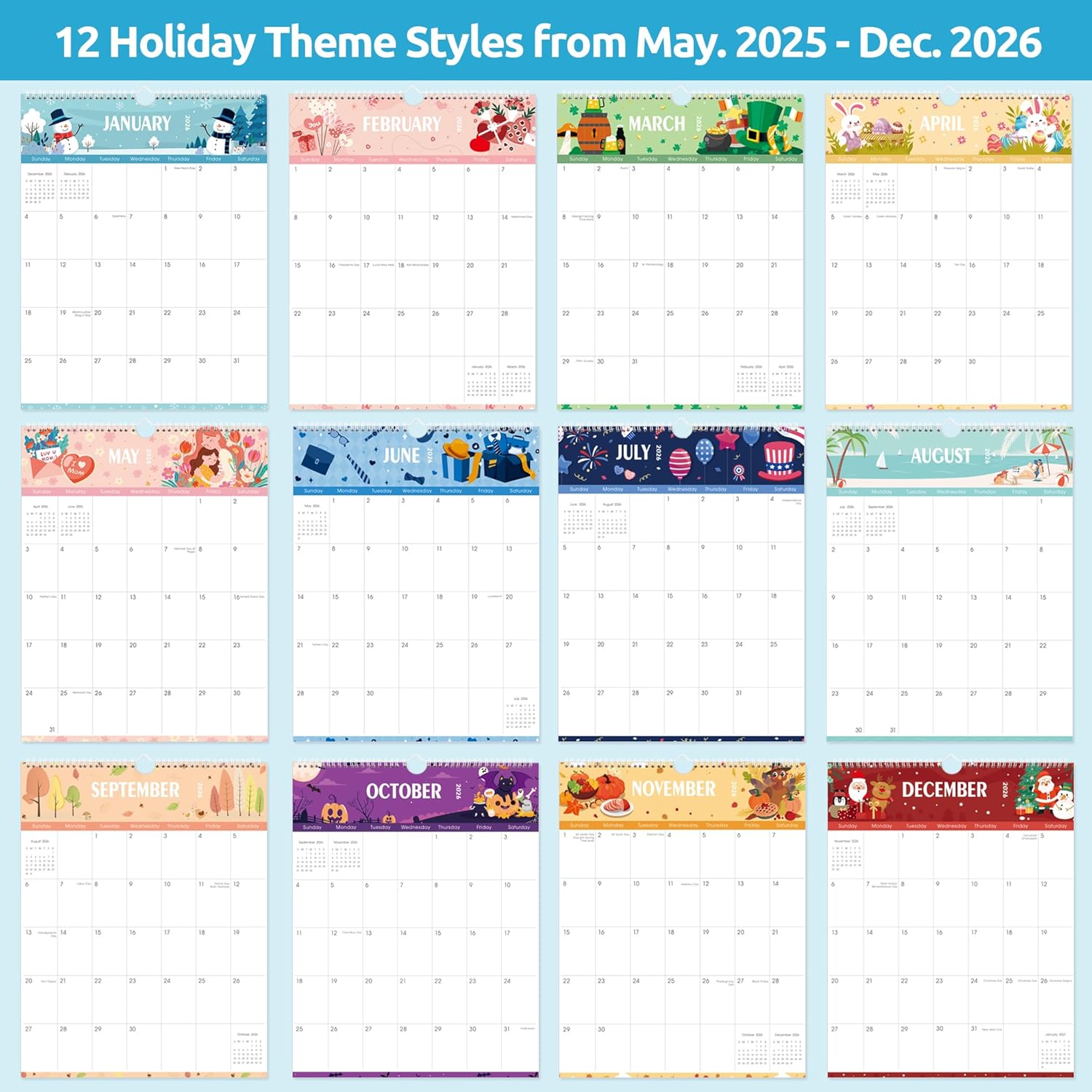 SKYDUE Wall Calendar 2026-2027, Jan 2026 to Jun 2027 18 Months 2026 Wall Calendar with Planner Stickers, 14.5" x 11.5", Black