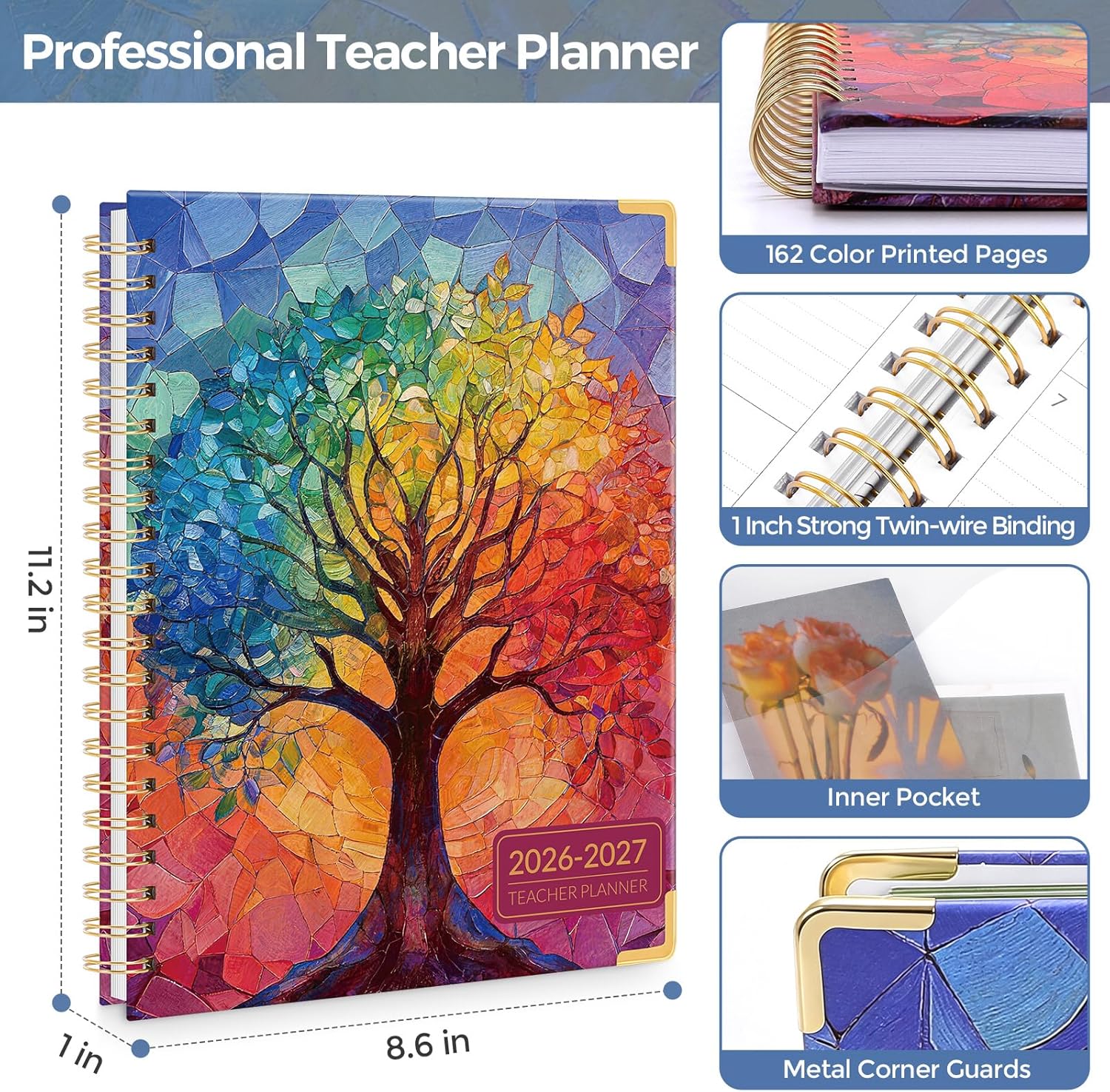 SKYDUE Teacher Planner 2026-2027 Academic Year, 8.5" x 11" Deluxe Teacher Lesson Planner with Monthly Tabs & Stickers, Lesson Plan Book 26-27, Grid