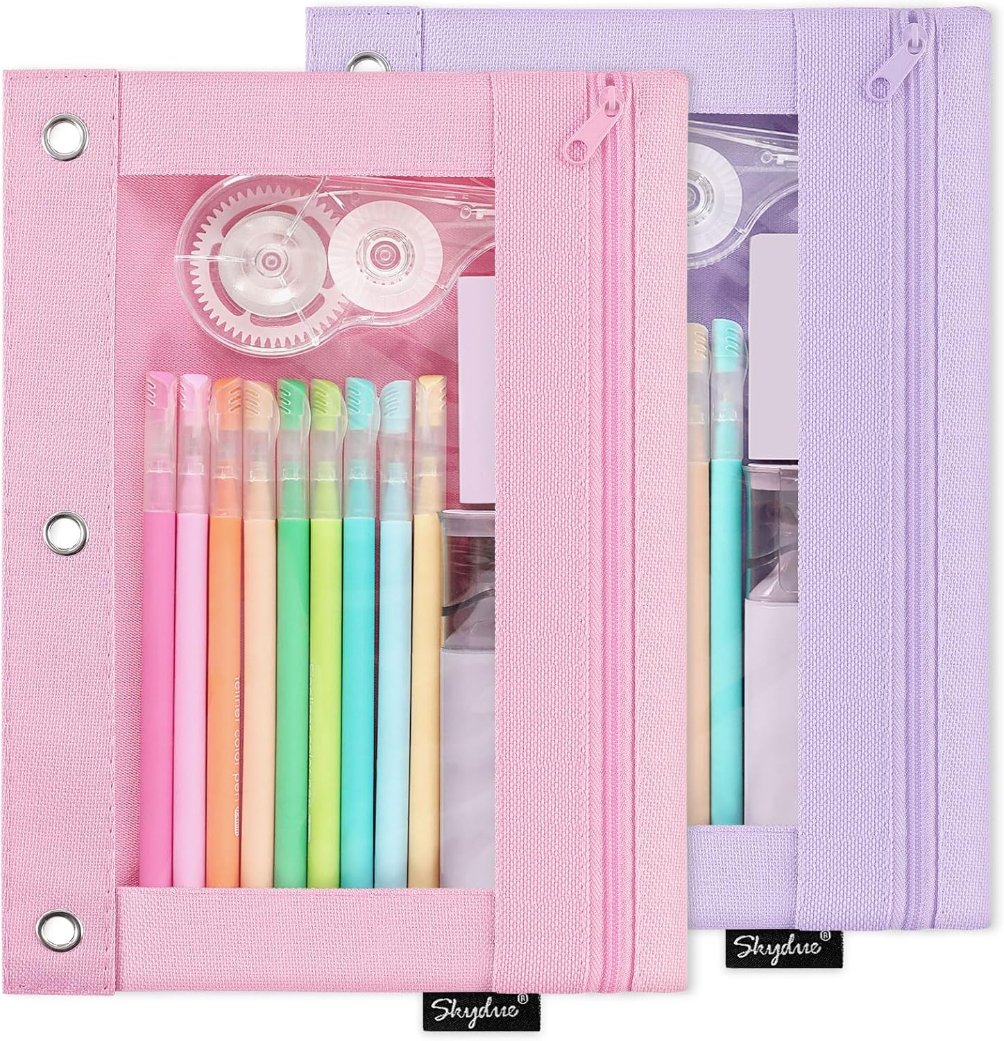SKYDUE Pencil Pouch for 3 Ring Binder, Zipper Pencil Pouches for Girls Boys, Clear Window Pencil Case for Binder, Binder Pencil Pouch, Pencil Bag with Zipper,Pink & Purple