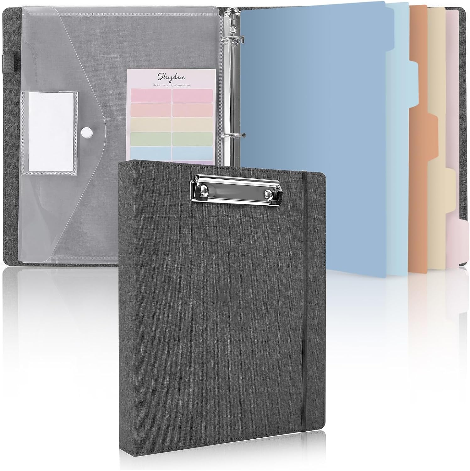 SKYDUE Clipboard Binder with Dividers,1 Inch Linen 3 Ring Binder with Clipboard on Front for Organizer, Clipboard Folder with Pocket, Labels Office Supplies OliveGreen