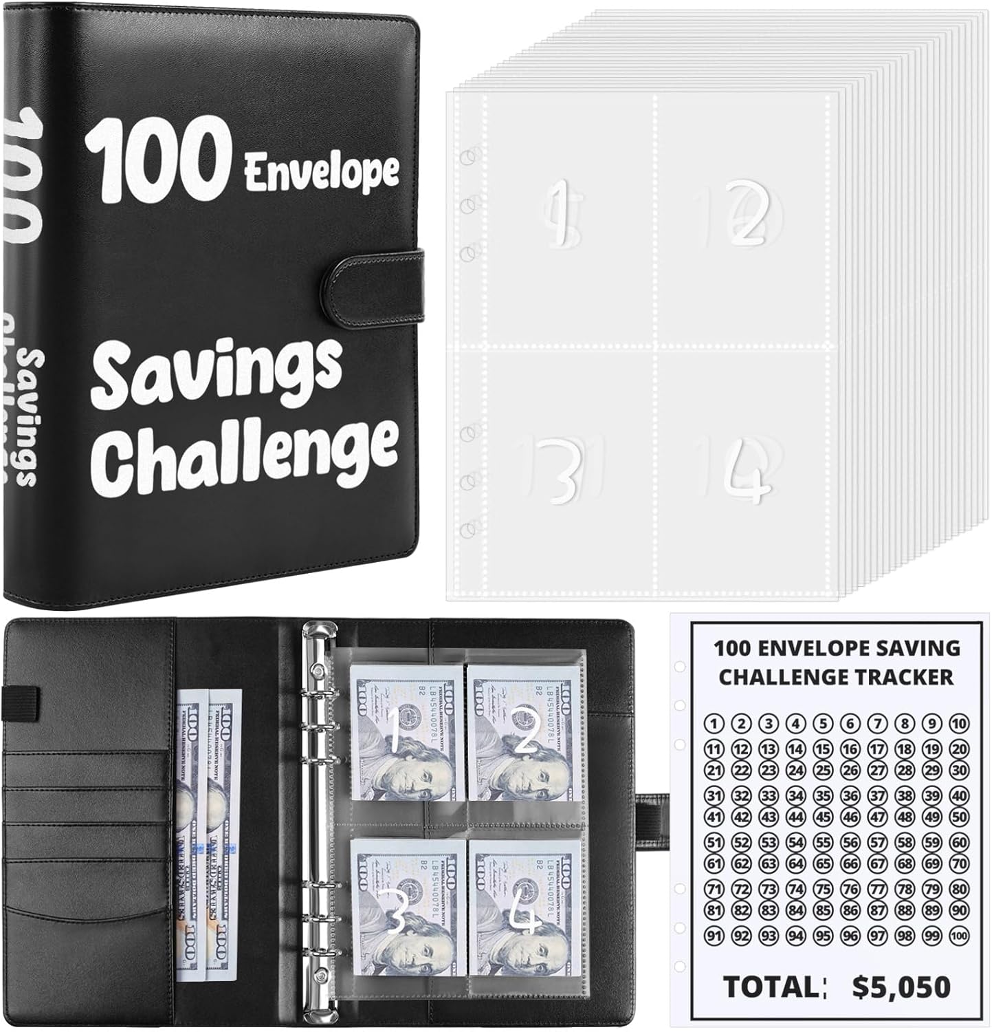 SKYDUE 100 Envelopes Money Savin Challenge Binder, A5 Money Saving Budget Binder with Cash Envelopes - Savings Challenges Book to Save $5,050