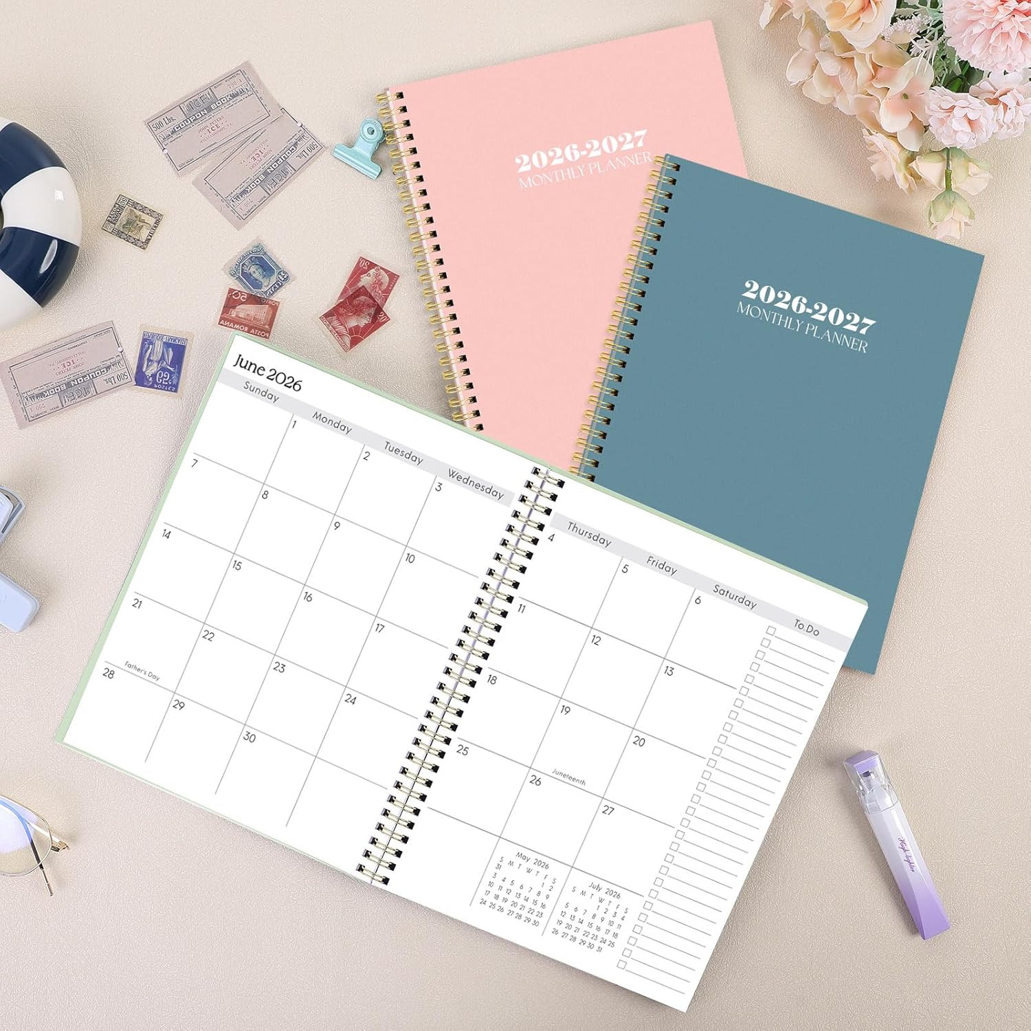 SKYDUE Monthly Planner 2026-2027, 24 Months Calendar Planner 2026-2027, 7.5" x 10" B5 Planner, Twin-wire Spiral Bound, Durable Waterproof Cover, Thick No-Bleed Paper, Floral