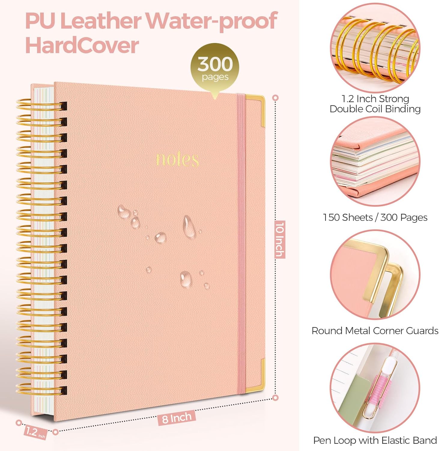 SKYDUE Hardcover Spiral Notebook, 300 Pages 8" x 10" College Ruled Notebook for Work with Dividers & Pockets, 5 Subject Notebook Journals for Women, Double Wire Bound, Tab Stickers Included, Pink
