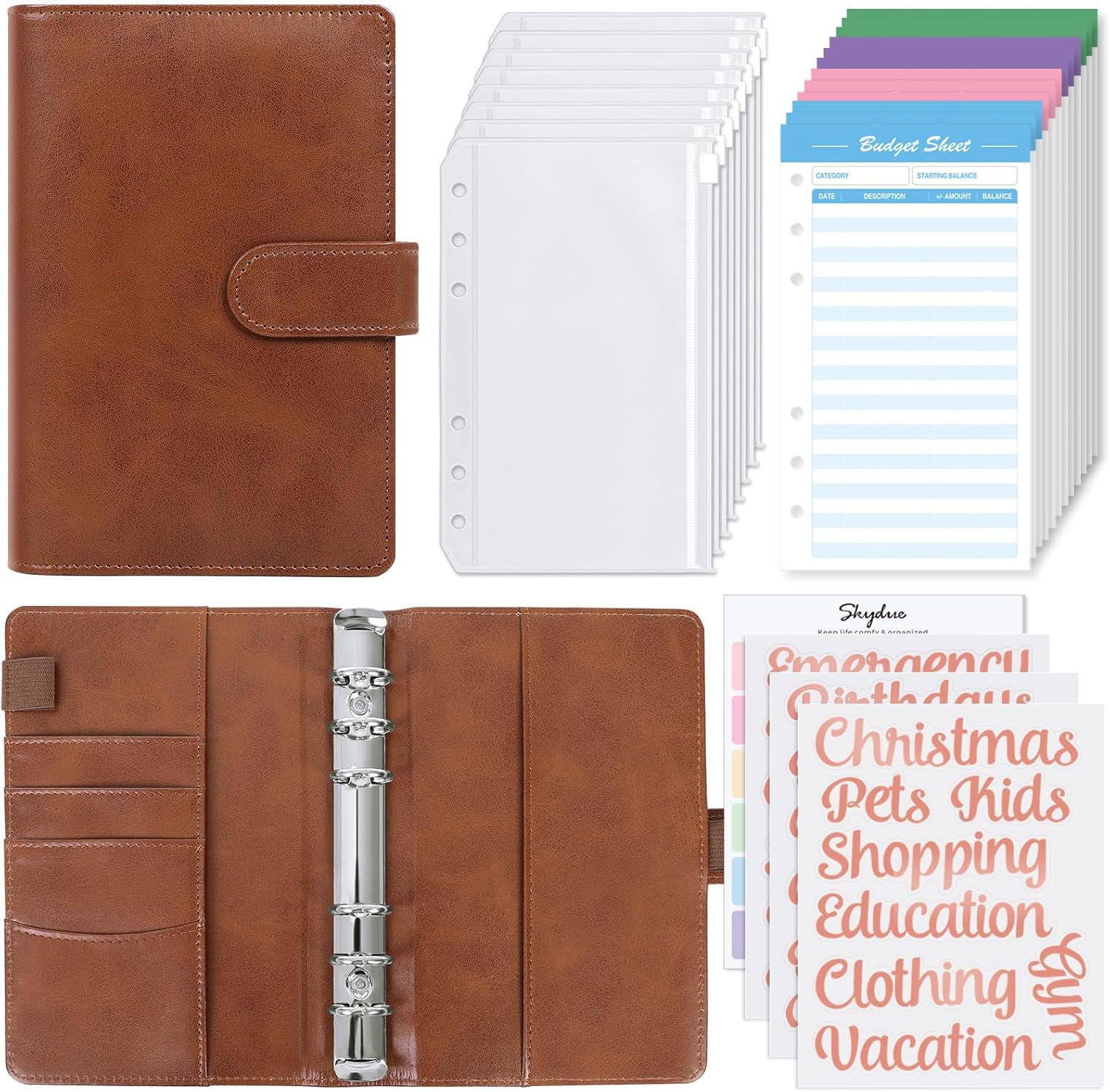 SKYDUE Budget Binder with 8pcs Zipper Envelopes,Money Organizer for Cash with 12pcs Expense Sheets & 24 Rose Gold Sticky Labels