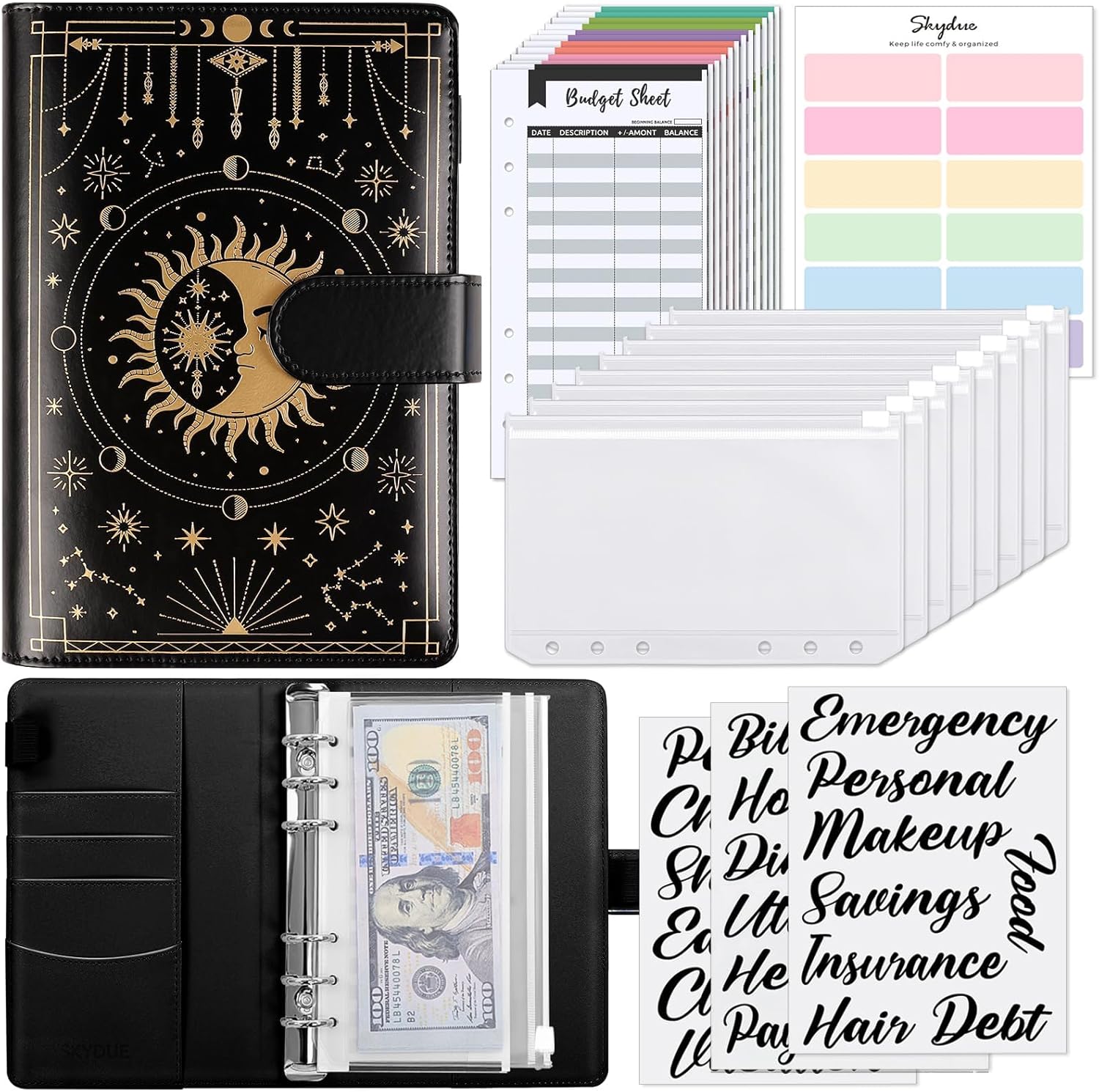 SKYDUE Budget Binder, Money Saving Binder with Zipper Envelopes, Cash Envelopes and Expense Budget Sheets for Budgeting