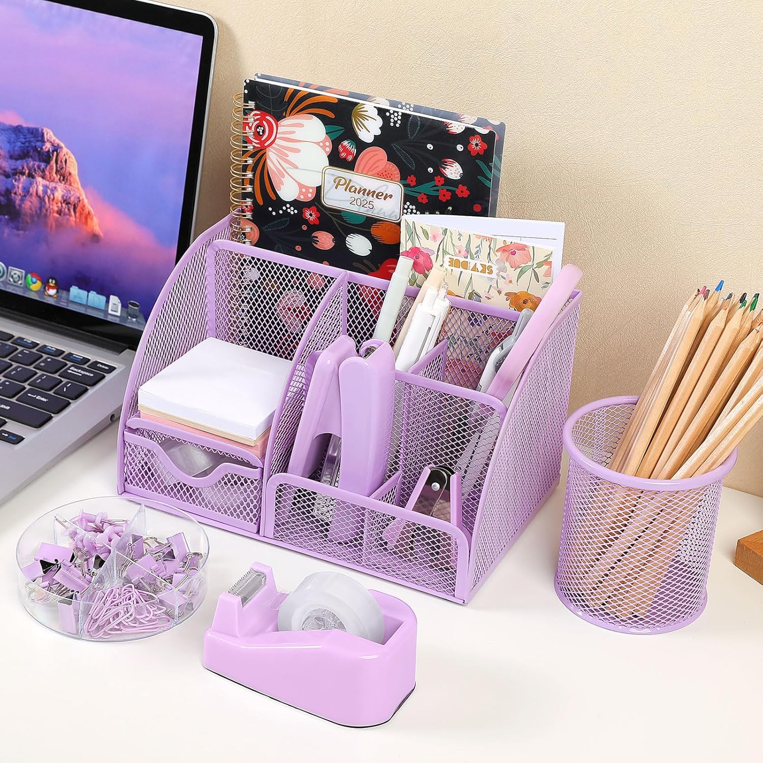 SKYDUE Pink Desk Accessories, Pink Office Supplies Set, Mesh Desk Organizer, Stapler, Tape Dispenser, Scissors, Binder/Paper Clips and 1000pcs Staples,Desk Organizer for Women