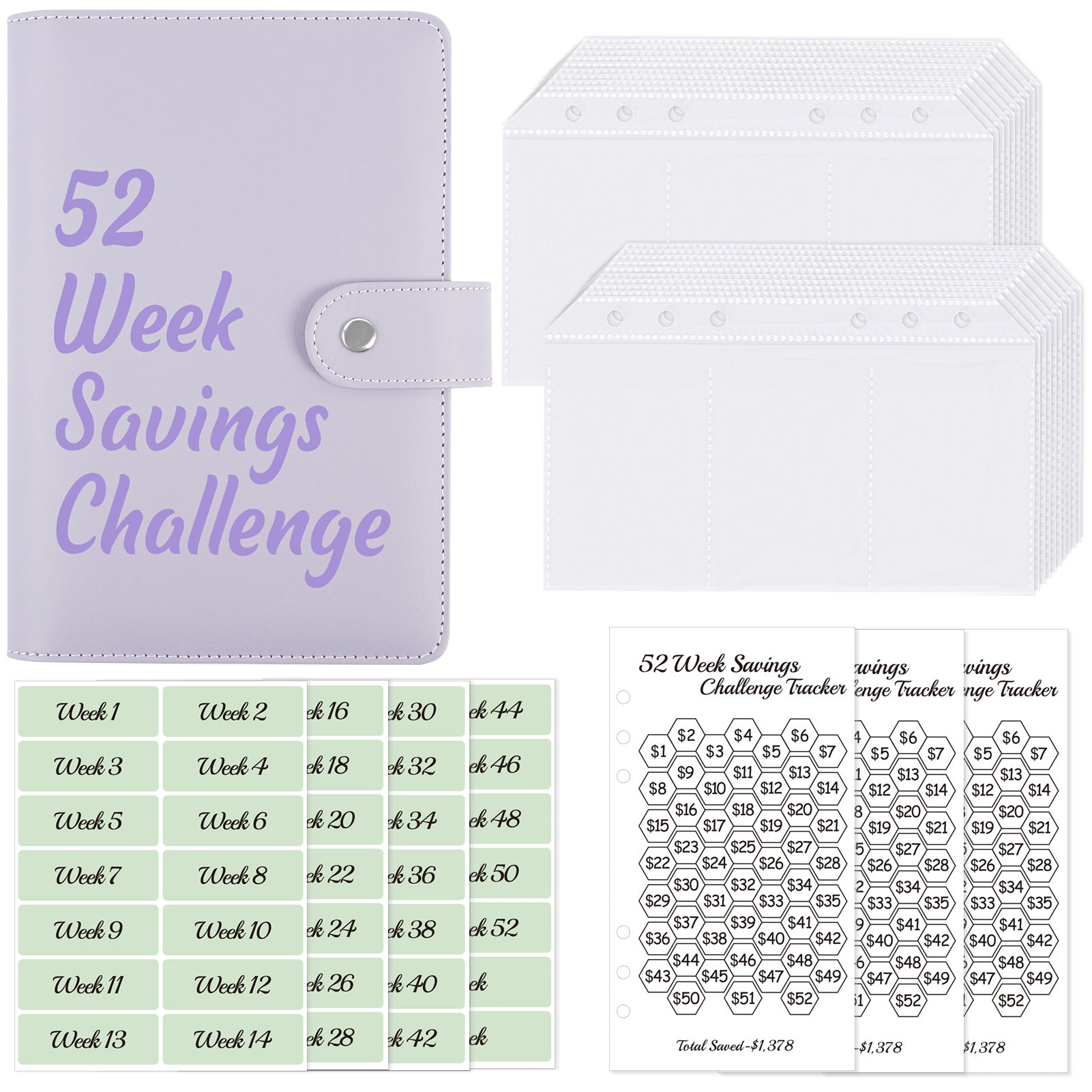 SKYDUE 52 Week Money Saving Challenge Binder, A6 Money Saving Binder with Savings Challenges Book and Cash Envelopes, Save $1,378