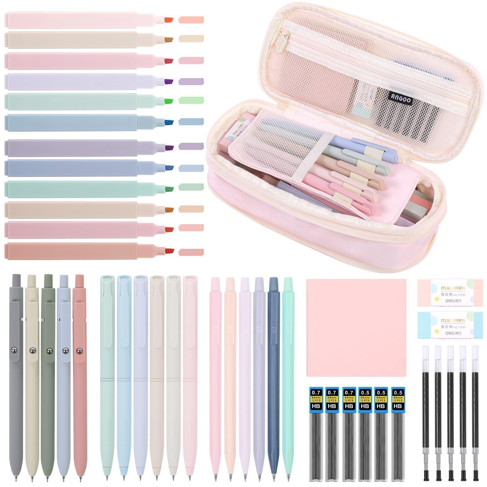 SKYDUE Cute School Supplies 44 PCS, Aesthetic Pencil Case with 12 Pastel Highlighters, 5 Black Gel Pens, 6 Color Gel Pens & Mechanical Pencils, College Essentials Students Stationary Set Pink
