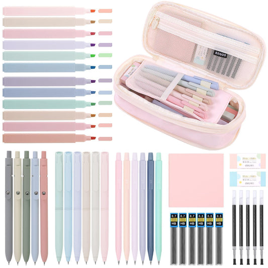 SKYDUE Cute School Supplies 44 PCS, Aesthetic Pencil Case with 12 Pastel Highlighters, 5 Black Gel Pens, 6 Color Gel Pens & Mechanical Pencils, College Essentials Students Stationary Set Pink