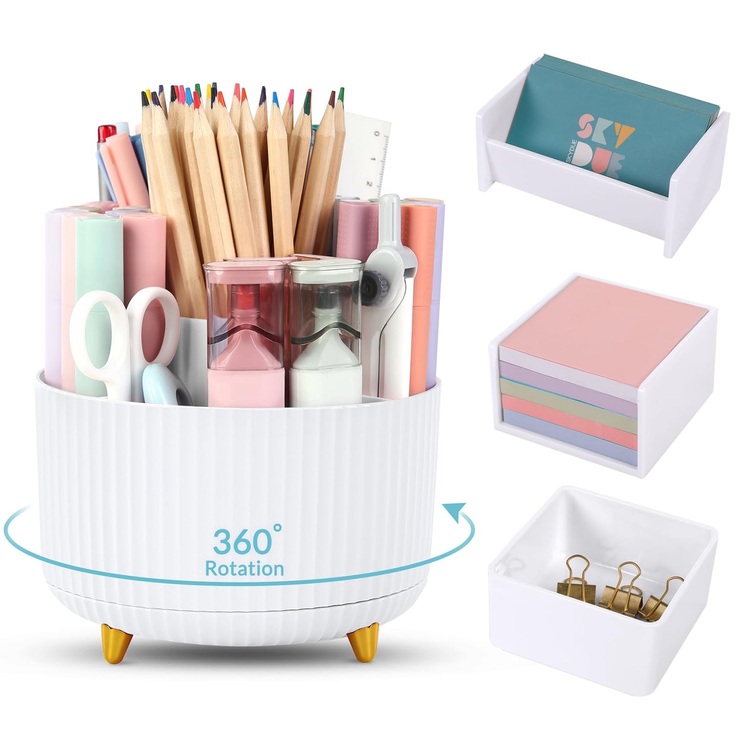 Desk Organizer Set of 4, 360 Degree Rotating Pen Holder, Business Card Holder, Memo Box, Storage Box, Office Desktop Accessories For Women or Men