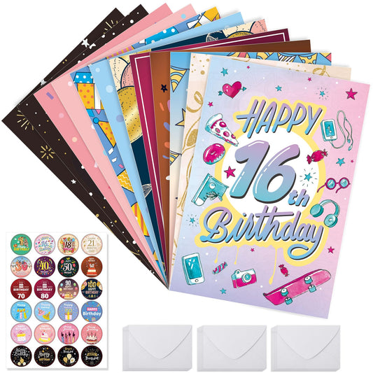Birthday Cards with Envelopes, Assorted 24 Birthday Greeting Cards 4 x 6 inches, Happy Birthday Cards with Envelopes & Matching Stickers, for Particular Age
