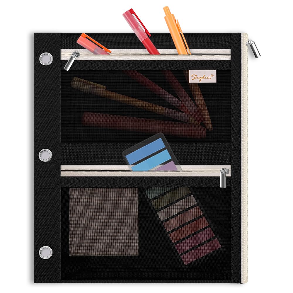 3 Ring Pencil Pouch for Binder, Zipper Binder Pencil Pouch with 3 Pockets and Mesh Window, Durable Organizer for School Supplies, Cables, Earbuds, Makeup