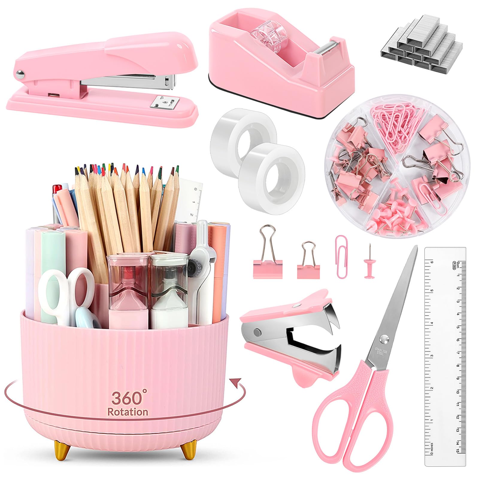 Pink Desk Accessories 10Pcs, Rotating Pen Holder for Desk, Stapler, Staple Remover, Tape Dispenser,2pcs Tape Refills, Binder Paper Clips Kit, Scissor,Pink Office School Supplies