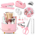 Pink Desk Accessories 10Pcs, Rotating Pen Holder for Desk, Stapler, Staple Remover, Tape Dispenser,2pcs Tape Refills, Binder Paper Clips Kit, Scissor,Pink Office School Supplies