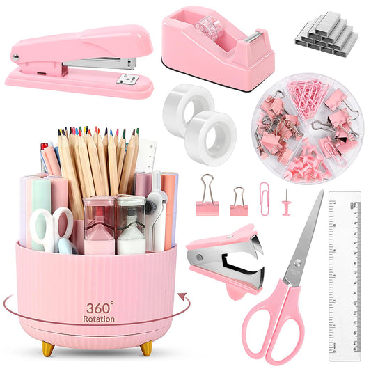 Pink Desk Accessories 10Pcs, Rotating Pen Holder for Desk, Stapler, Staple Remover, Tape Dispenser,2pcs Tape Refills, Binder Paper Clips Kit, Scissor,Pink Office School Supplies