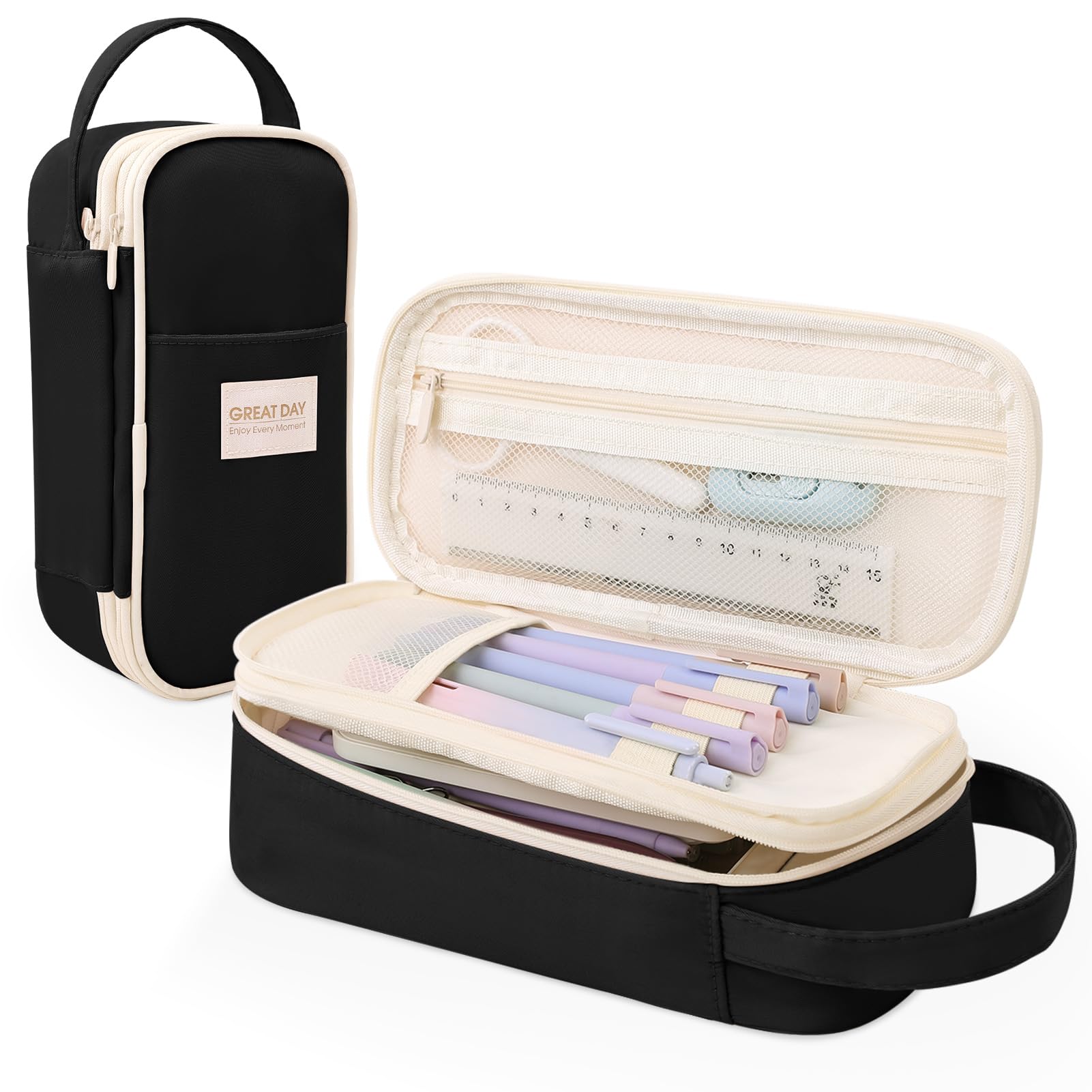 Large Capacity Pencil Case Organizer - Aesthetic School Supply Bag for Students & Adults, Zippered Pencil Pouch with Multi-Compartment Black