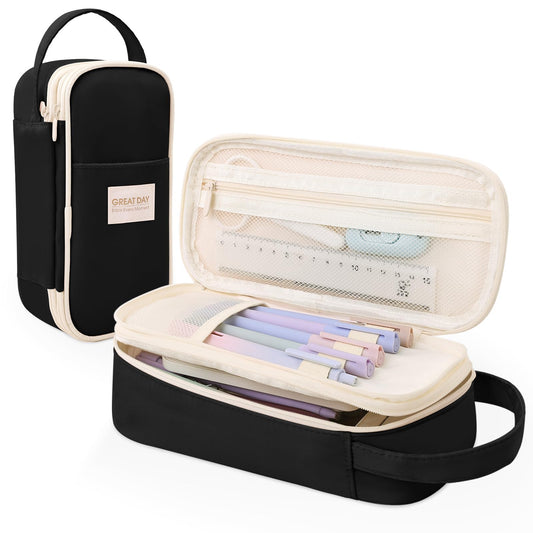 Large Capacity Pencil Case Organizer - Aesthetic School Supply Bag for Students & Adults, Zippered Pencil Pouch with Multi-Compartment Black