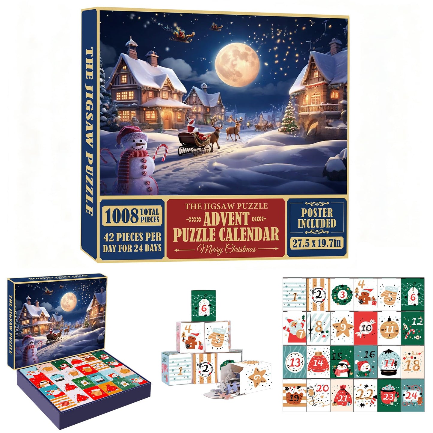 Christmas Advent Calendar Puzzle 1008 Pieces – 24 Days Countdown with Daily 42-Piece Mini Puzzles – Large 19.7 x 27.6 inch Jigsaw, Holiday Challenge for Adults & Families
