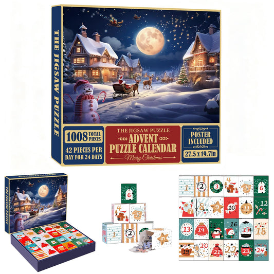 Christmas Advent Calendar Puzzle 1008 Pieces – 24 Days Countdown with Daily 42-Piece Mini Puzzles – Large 19.7 x 27.6 inch Jigsaw, Holiday Challenge for Adults & Families