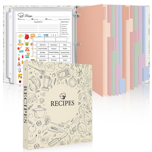 Recipe Binder 8.5x11 3 Ring, Recipe Book to Write in Your own Recipes, Recipe Binder with 60 Plastic Sleeves, 12 Dividers, 60 Blank Recipe Cards, Labels & Stickers, Family Recipe Organizer