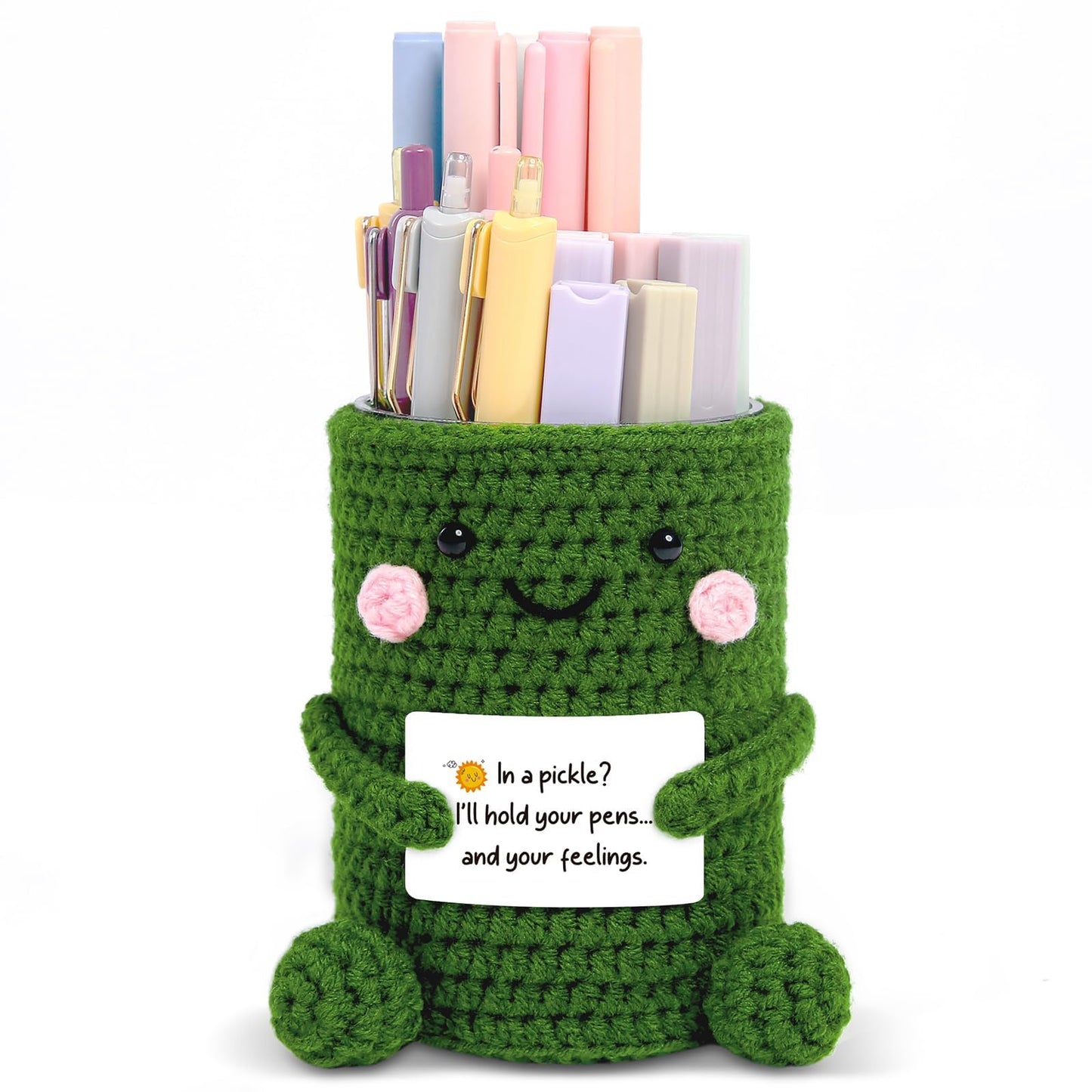 Crocheted Pen & Pencil Holder with Inspirational Card - Handmade Desk Organizer for Office, School, Home - Functional Desk Decor Pen Cup