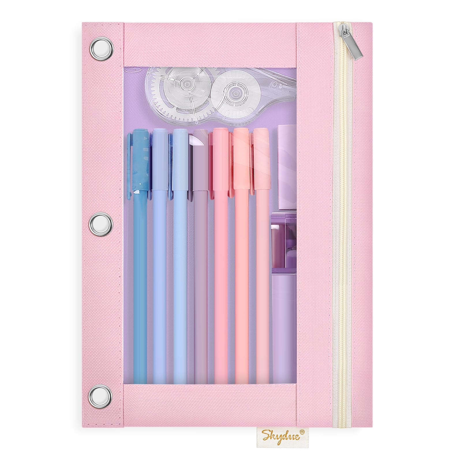 3 Ring Pencil Pouch Case for Binder, Zipper Pencil Pouches for Girls Boys, Clear Window Pencil Bag,Pencil Case with Smooth Zipper