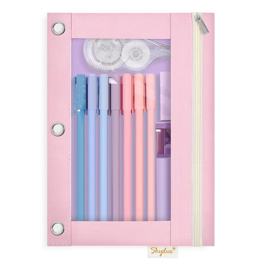 3 Ring Pencil Pouch Case for Binder, Zipper Pencil Pouches for Girls Boys, Clear Window Pencil Bag,Pencil Case with Smooth Zipper