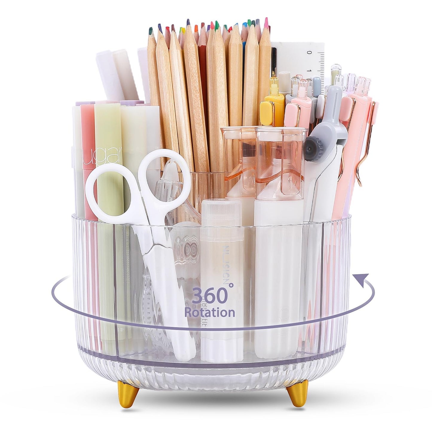 Rotating Pencil Pen Holder, Pen Organizer with 5 Slots - Aesthetic Desk Organizer and Accessories for School, Home, Office Supplies, Clear