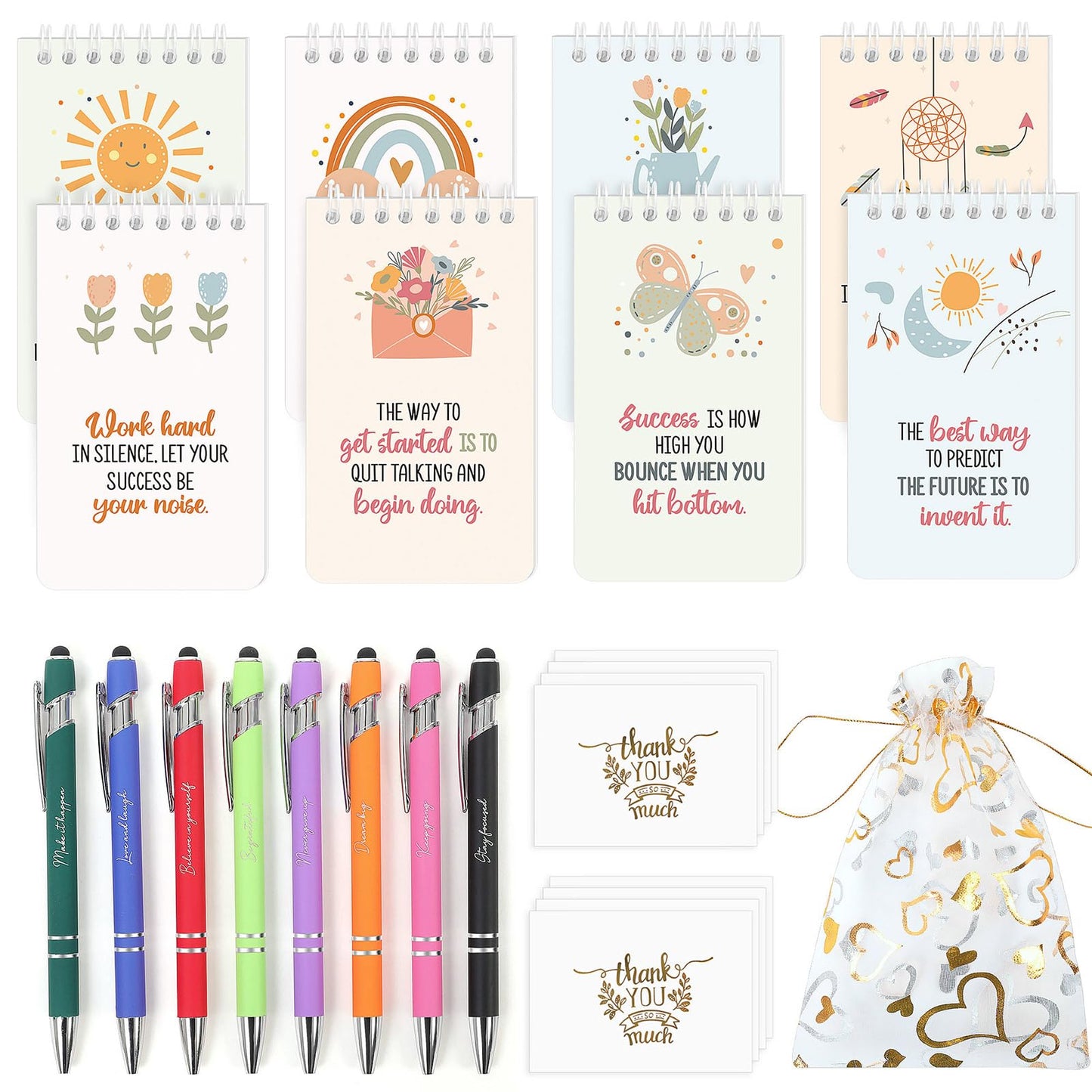 Pocket Notebooks 3x5 & Ballpoint Pens Gifts Set, 8 Inspirational Gifts Sets with 8 Bags & 8 Thank You Cards, Motivational Employee Appreciation Gifts