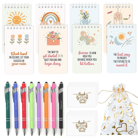 Pocket Notebooks 3x5 & Ballpoint Pens Gifts Set, 8 Inspirational Gifts Sets with 8 Bags & 8 Thank You Cards, Motivational Employee Appreciation Gifts