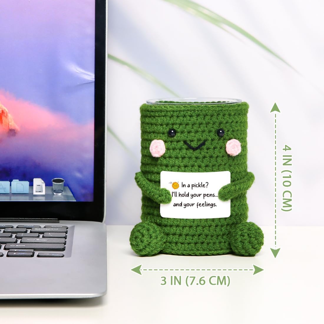 Crocheted Pen & Pencil Holder with Inspirational Card - Handmade Desk Organizer for Office, School, Home - Functional Desk Decor Pen Cup