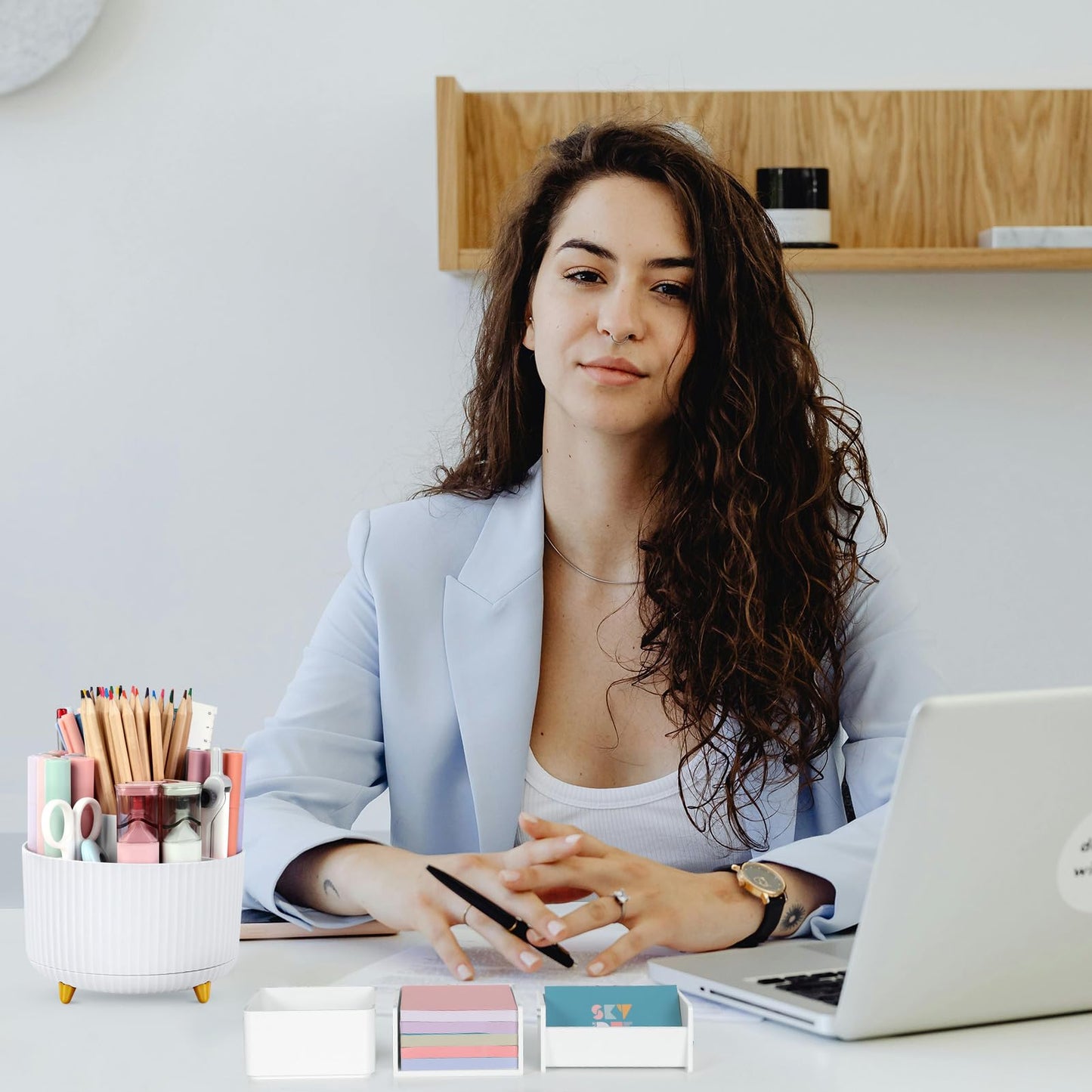 Desk Organizer Set of 4, 360 Degree Rotating Pen Holder, Business Card Holder, Memo Box, Storage Box, Office Desktop Accessories For Women or Men