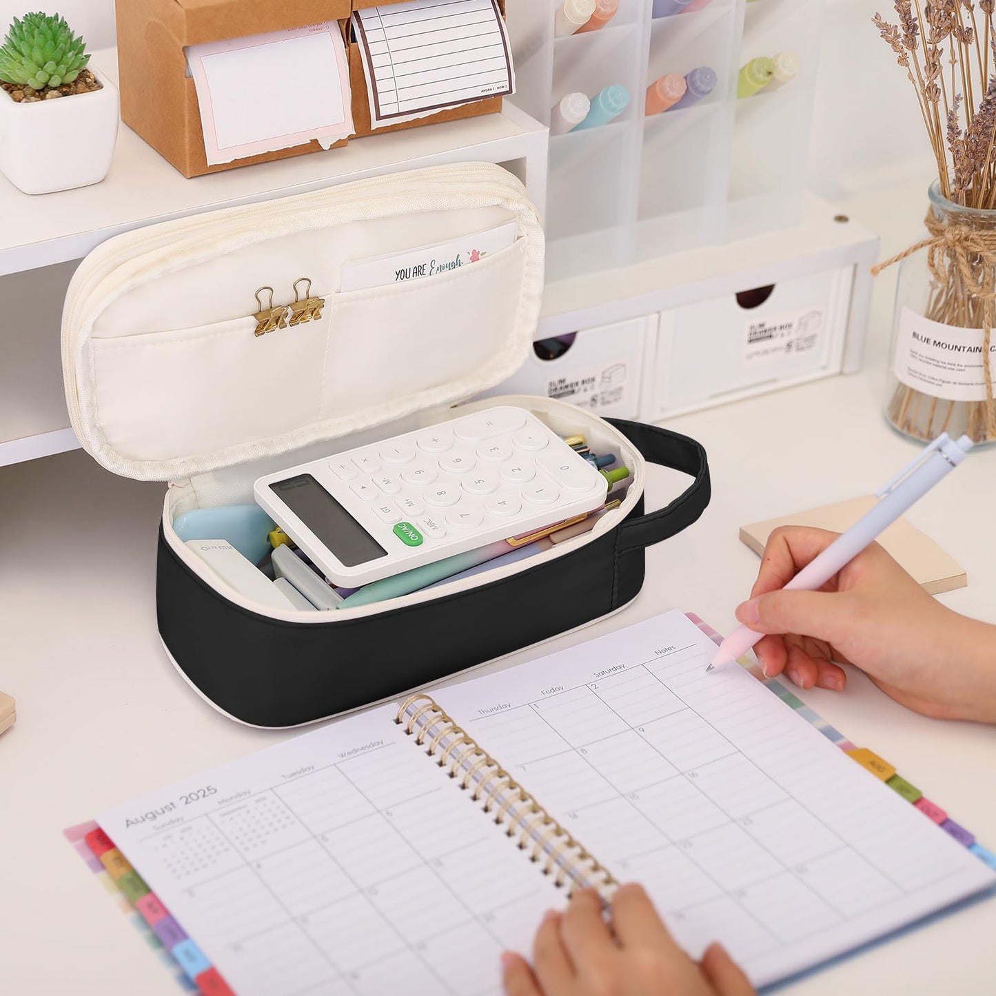 Large Capacity Pencil Case Organizer - Aesthetic School Supply Bag for Students & Adults, Zippered Pencil Pouch with Multi-Compartment Black