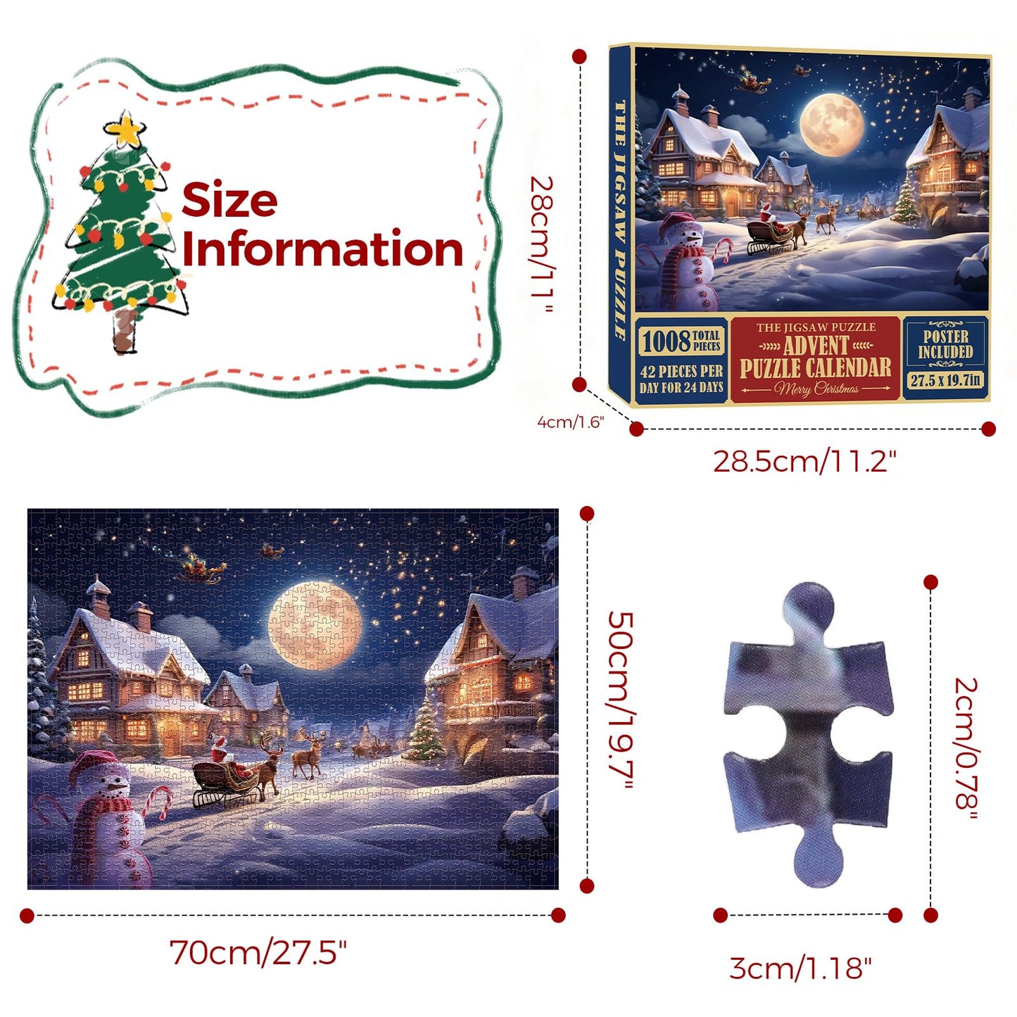 Christmas Advent Calendar Puzzle 1008 Pieces – 24 Days Countdown with Daily 42-Piece Mini Puzzles – Large 19.7 x 27.6 inch Jigsaw, Holiday Challenge for Adults & Families