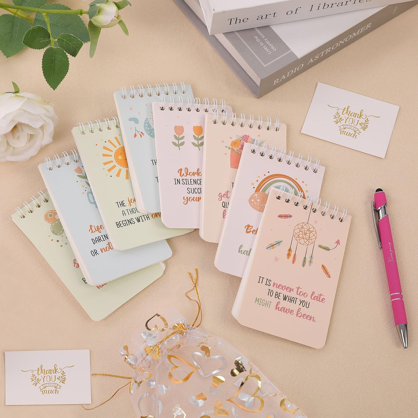 Pocket Notebooks 3x5 & Ballpoint Pens Gifts Set, 8 Inspirational Gifts Sets with 8 Bags & 8 Thank You Cards, Motivational Employee Appreciation Gifts