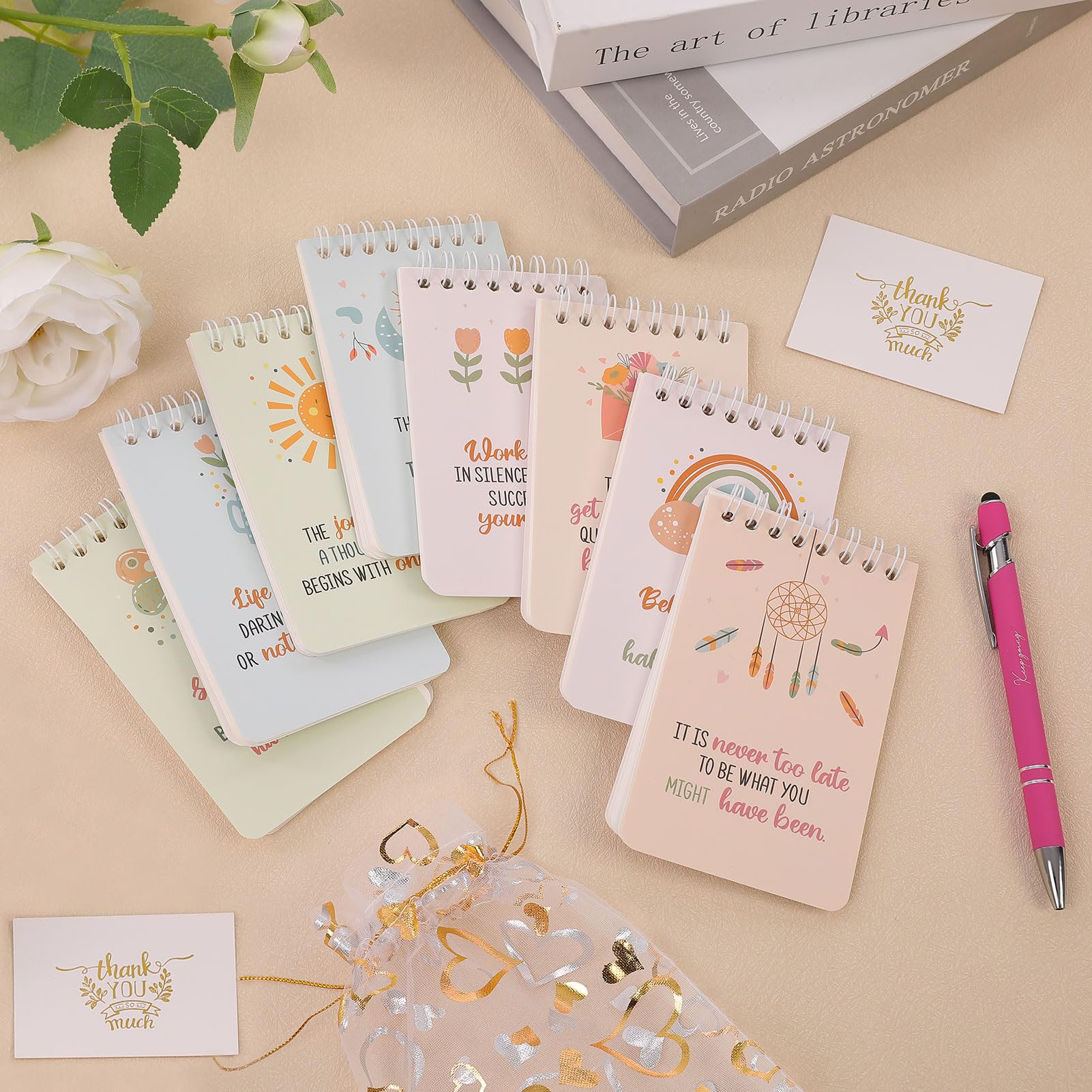 Pocket Notebooks 3x5 & Ballpoint Pens Gifts Set, 8 Inspirational Gifts Sets with 8 Bags & 8 Thank You Cards, Motivational Employee Appreciation Gifts