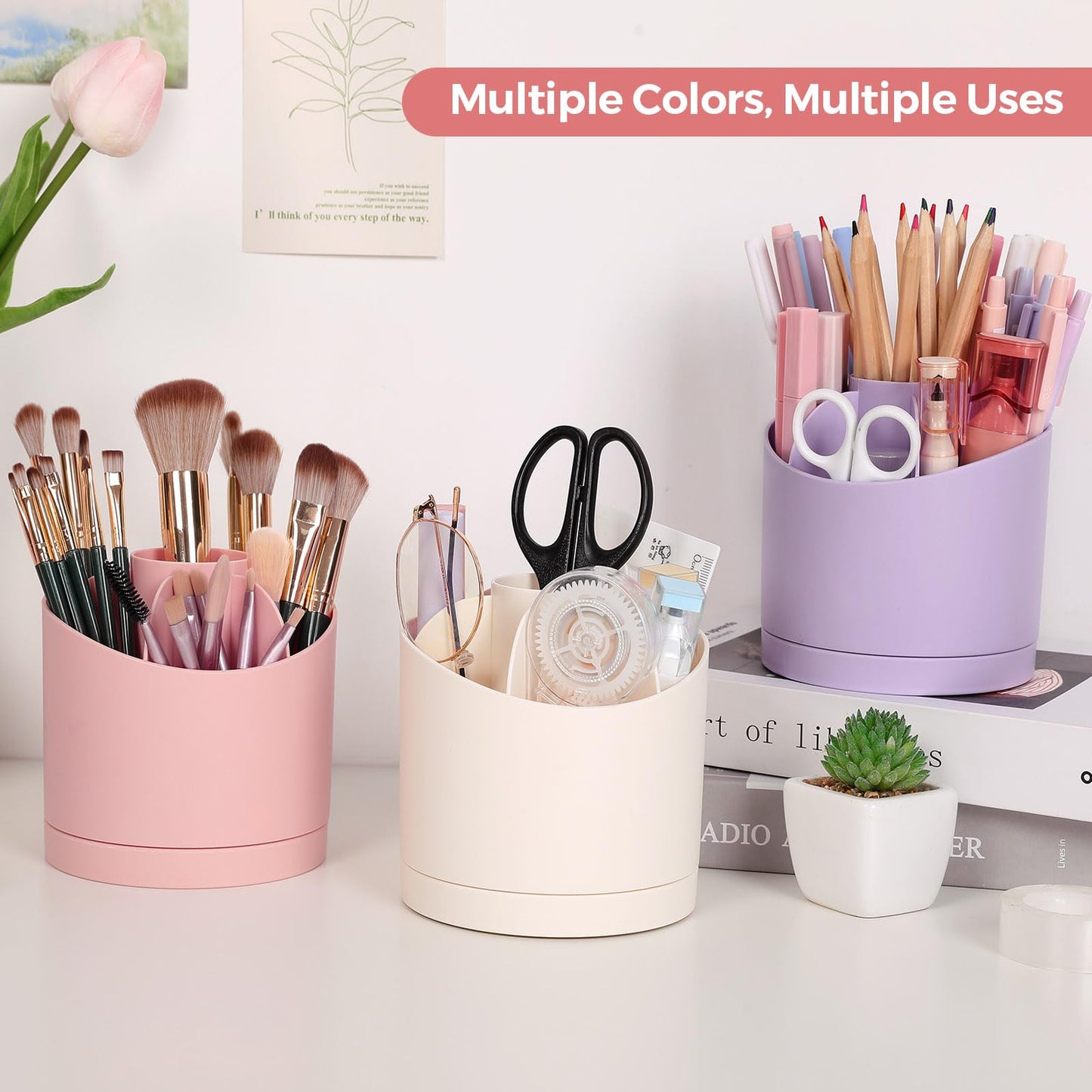 Desk Organizer, 360-Degree Rotating Pencil Pen Holder for Desk, Cute Desk Organizers and Accessories with 7 Slots, Desktop Organizer, Art Supply Storage, Classroom Office Supplies