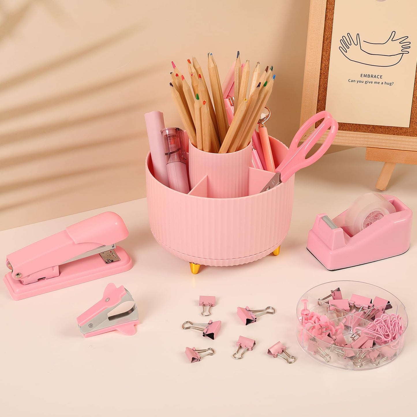 Pink Desk Accessories 10Pcs, Rotating Pen Holder for Desk, Stapler, Staple Remover, Tape Dispenser,2pcs Tape Refills, Binder Paper Clips Kit, Scissor,Pink Office School Supplies