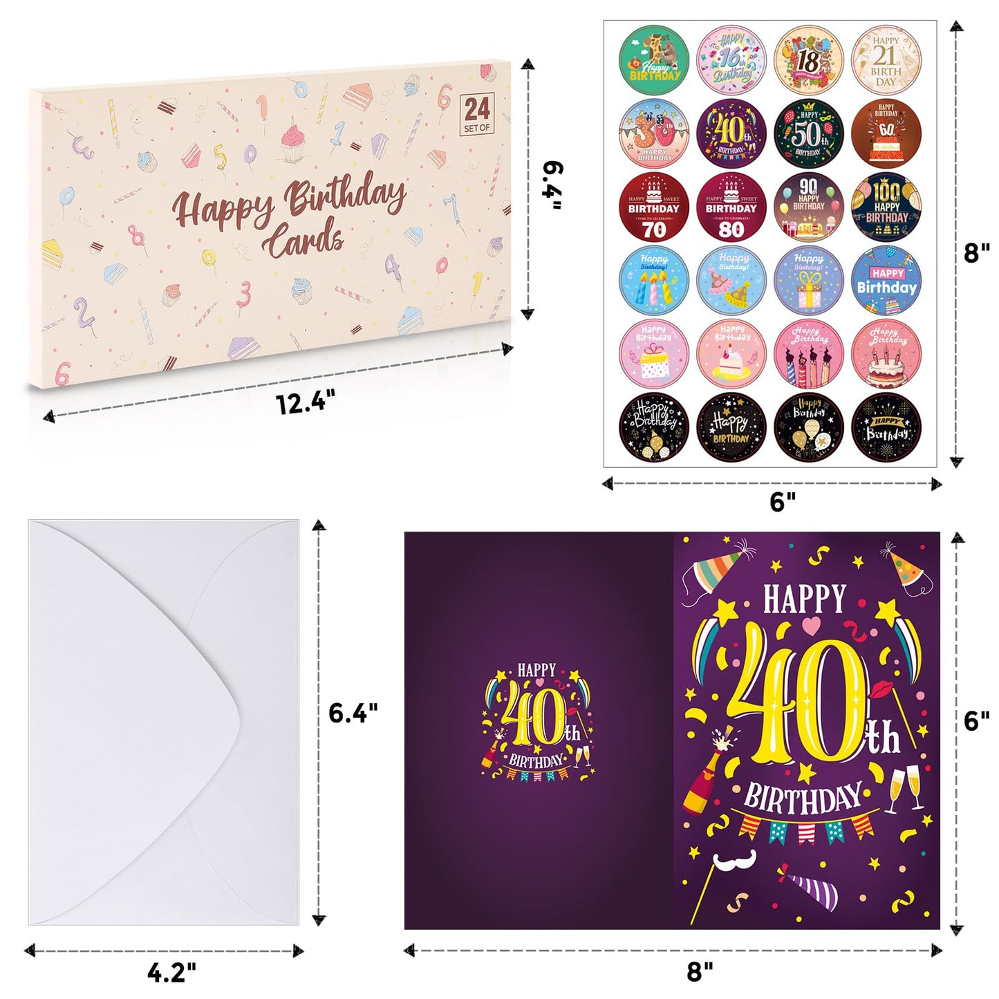 Birthday Cards with Envelopes, Assorted 24 Birthday Greeting Cards 4 x 6 inches, Happy Birthday Cards with Envelopes & Matching Stickers, for Particular Age