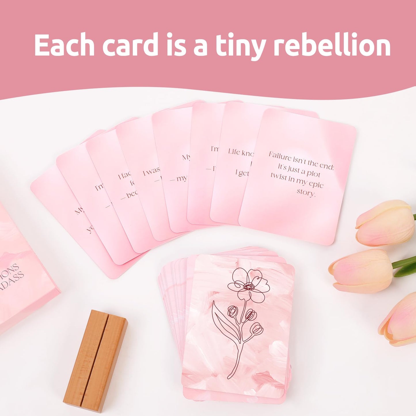 Affirmation Cards for Women with Display Stand, 53 Fierce Bold Messages with Floral Back Design – Pink Daily Inspiration & Motivational Cards for Women– Self Love Gift for Friends, Confidence & Mindfulness