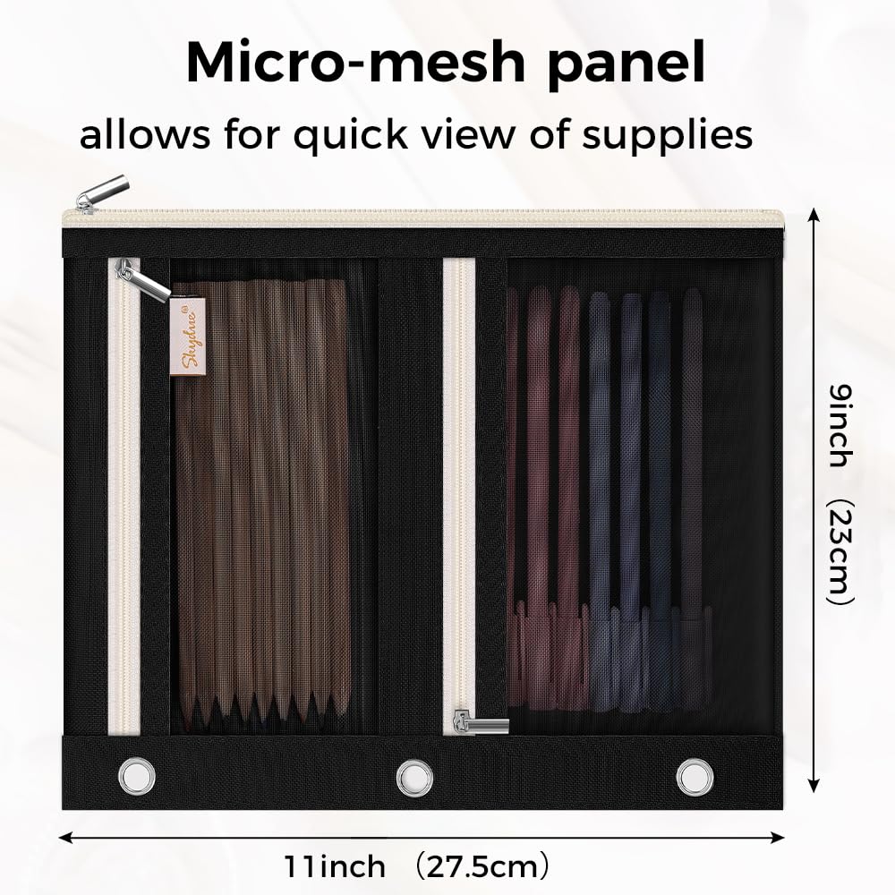 3 Ring Pencil Pouch for Binder, Zipper Binder Pencil Pouch with 3 Pockets and Mesh Window, Durable Organizer for School Supplies, Cables, Earbuds, Makeup