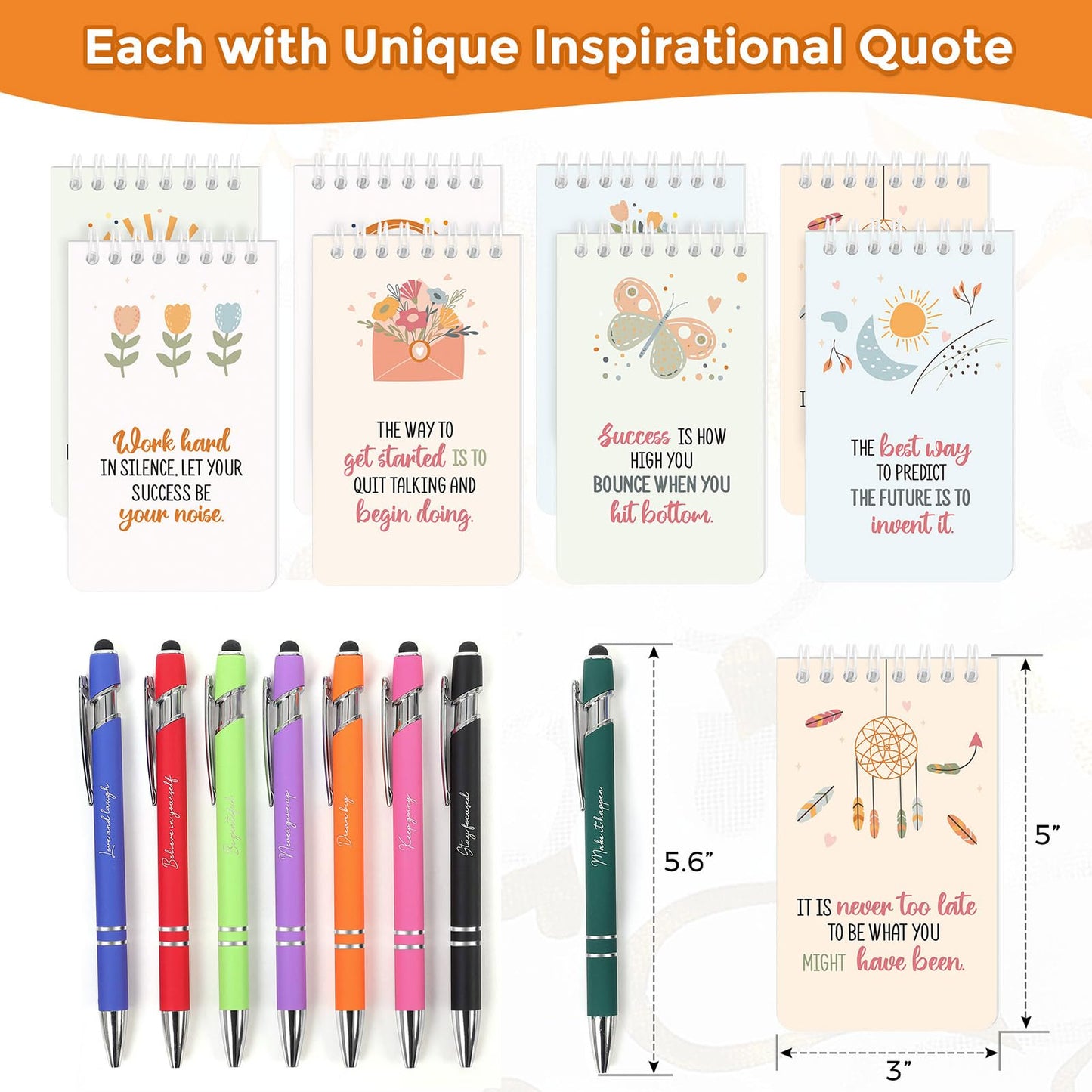 Pocket Notebooks 3x5 & Ballpoint Pens Gifts Set, 8 Inspirational Gifts Sets with 8 Bags & 8 Thank You Cards, Motivational Employee Appreciation Gifts