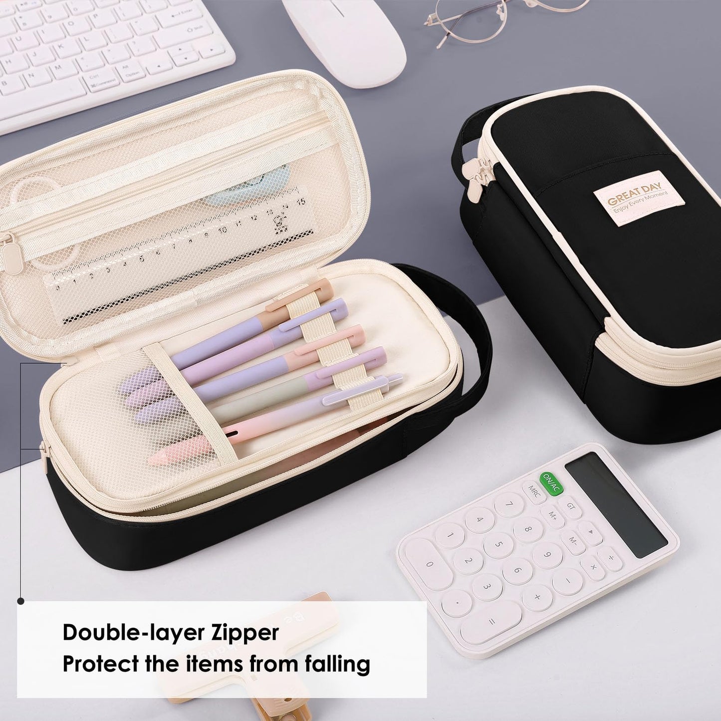 Large Capacity Pencil Case Organizer - Aesthetic School Supply Bag for Students & Adults, Zippered Pencil Pouch with Multi-Compartment Black