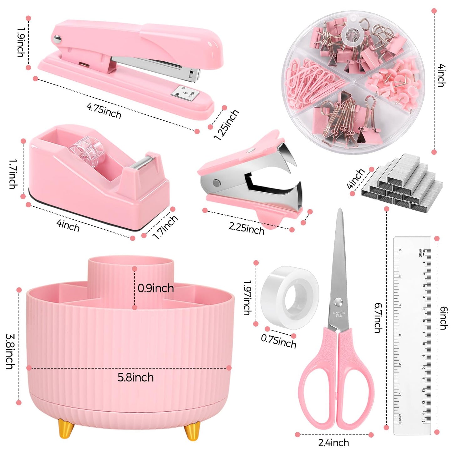 Pink Desk Accessories 10Pcs, Rotating Pen Holder for Desk, Stapler, Staple Remover, Tape Dispenser,2pcs Tape Refills, Binder Paper Clips Kit, Scissor,Pink Office School Supplies