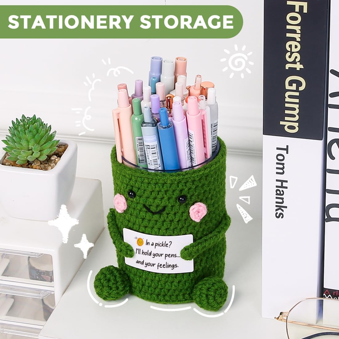 Crocheted Pen & Pencil Holder with Inspirational Card - Handmade Desk Organizer for Office, School, Home - Functional Desk Decor Pen Cup