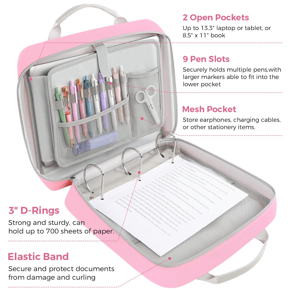 Zipper Binder 3 Inch D-Ring School Binder, Oxford Fabric School Organizer Holds 700+ Sheets, Fits 13.3" Laptop, Water-Resistant, Handle & Shoulder Strap, 14"x13" – School Supplies