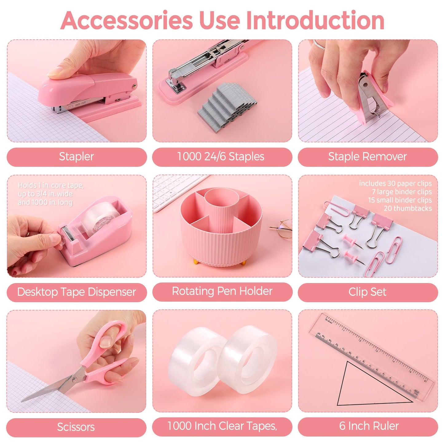 Pink Desk Accessories 10Pcs, Rotating Pen Holder for Desk, Stapler, Staple Remover, Tape Dispenser,2pcs Tape Refills, Binder Paper Clips Kit, Scissor,Pink Office School Supplies