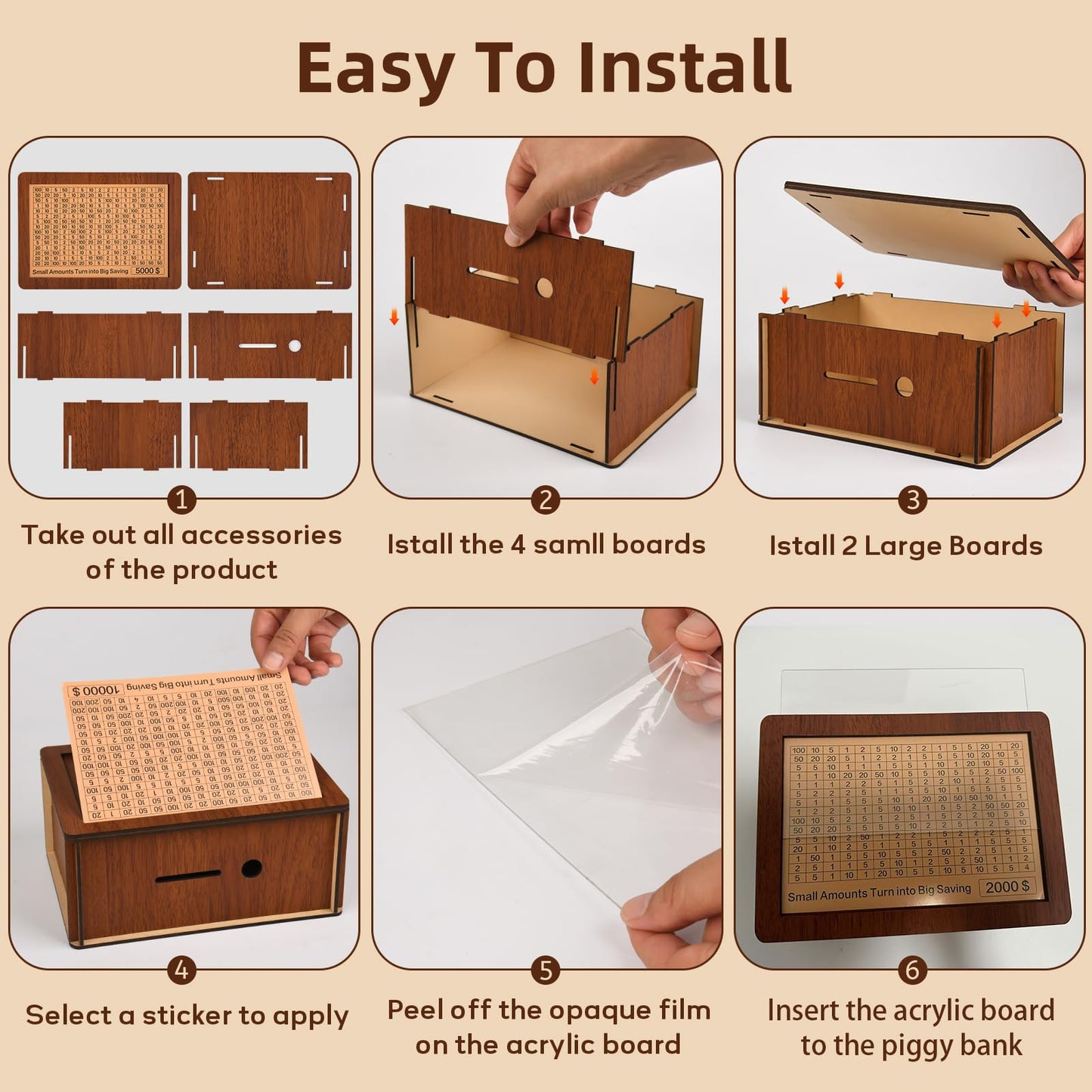 10000 Wooden Money Saving Challenge Box Cash Vault Piggy Bank for Adults Savings Goals Smash Box Saver